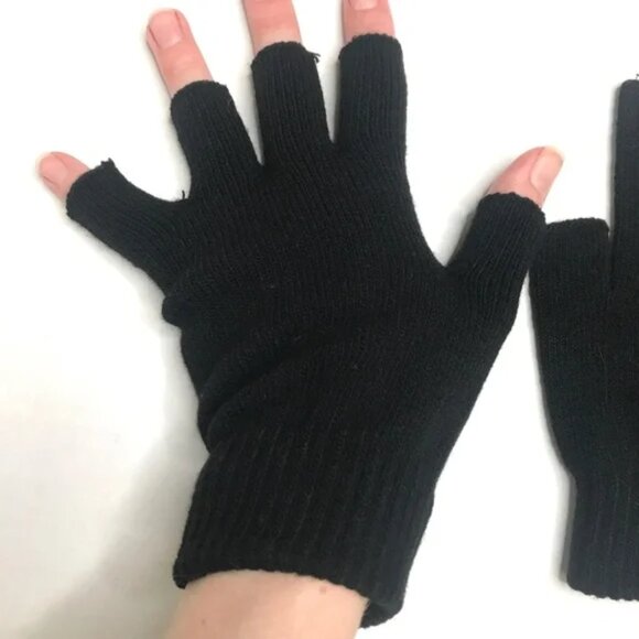 Black Fingerless Gloves Knit Hand Warmers Cut Off Fingers Texting Warm Womens OS - Picture 2 of 5